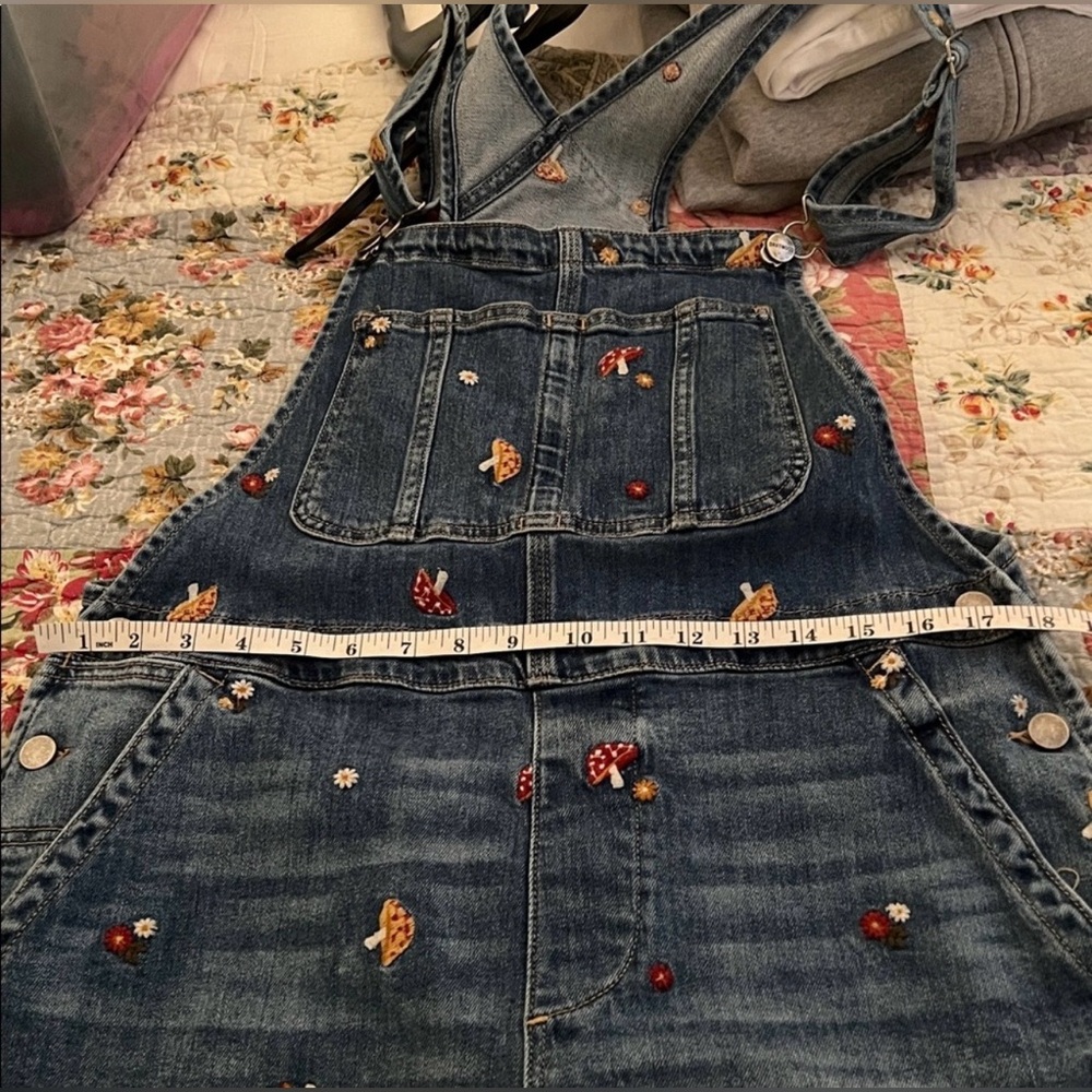 DRIFTWOOD x Anthropologie Blue Denim Overalls with Cute Mushroom Embroidery. - Picture 6 of 9